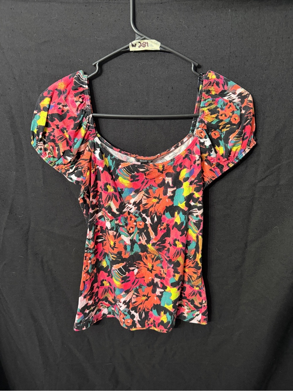 Women’s GUESS Floral Puff Sleeve Peplum Top Small Multicolor Stretch